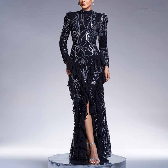 Women Sparkly Black Sequined Long Sleeve Prom Dress Ball Gowns