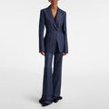 Women Vintage Navy Blue Denim Blazer Set | Elegant High Waisted Flare Pants Suit