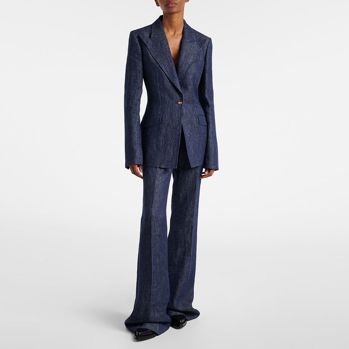 Women Vintage Navy Blue Denim Blazer Set | Elegant High Waisted Flare Pants Suit