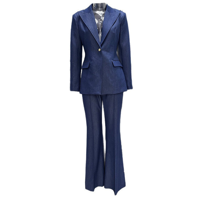 Women Vintage Navy Blue Denim Blazer Set | Elegant High Waisted Flare Pants Suit
