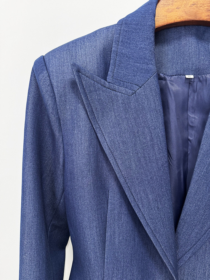 Women Vintage Navy Blue Denim Blazer Set | Elegant High Waisted Flare Pants Suit