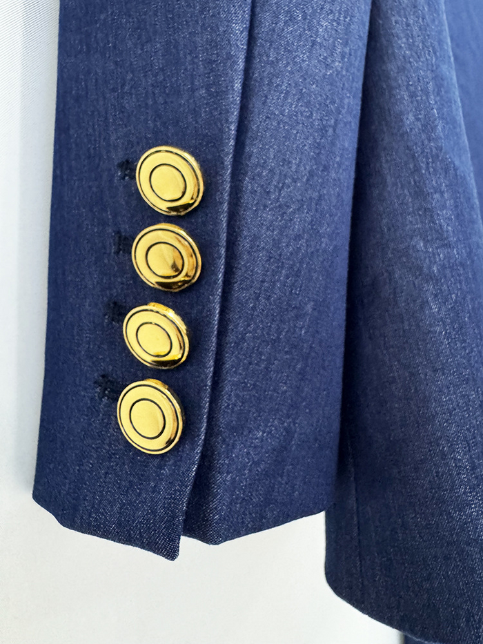 Women Vintage Navy Blue Denim Blazer Set | Elegant High Waisted Flare Pants Suit