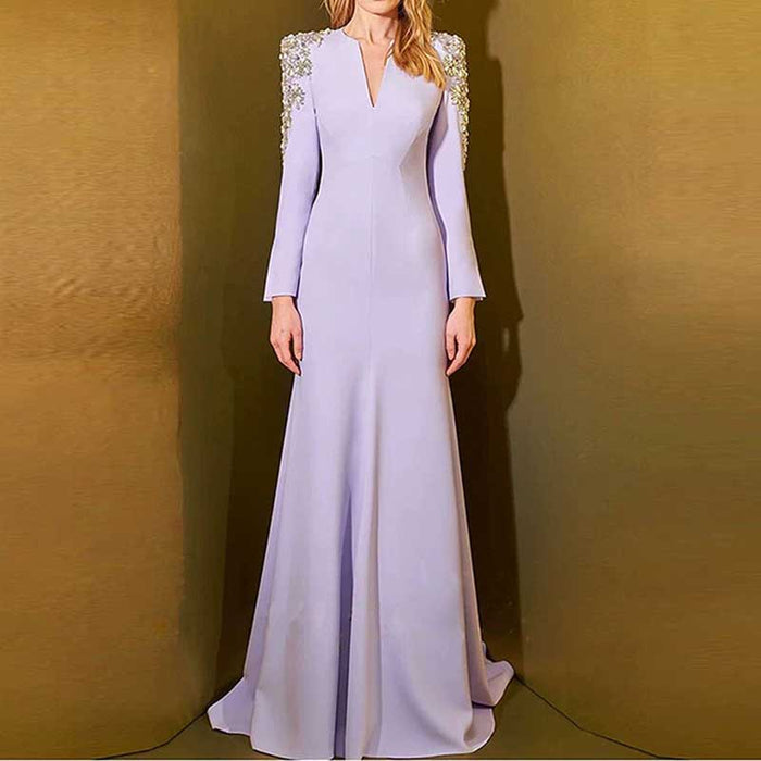 Womens Beaded Evening Gown Lavender Long Dress