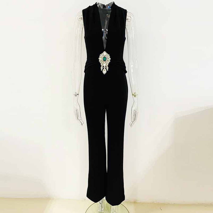 Women's Black Deep-V Studded Sleeveless Jumpsuit