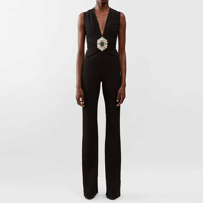 Women's Black Deep-V Studded Sleeveless Jumpsuit