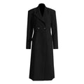 Elegant women's black maxi blazer coat featuring a double-breasted design and structured silhouette