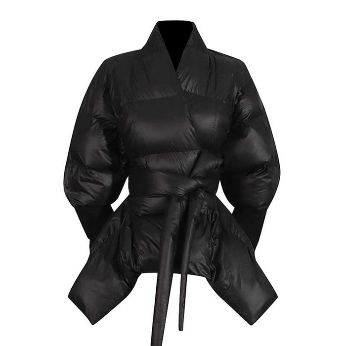 Stylish women's black winter coat with belt featuring a puffy design for warmth and comfort