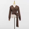 Women's Brown Chic Top With Hoodie and Lace-Up Detail