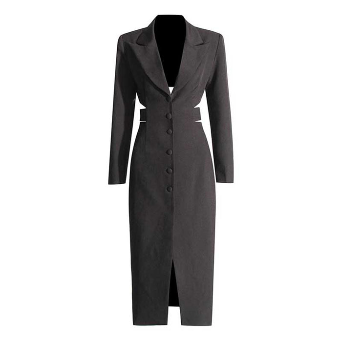 Women's Cut-Out Maxi Coat Slim Fit Black Blazer Dress