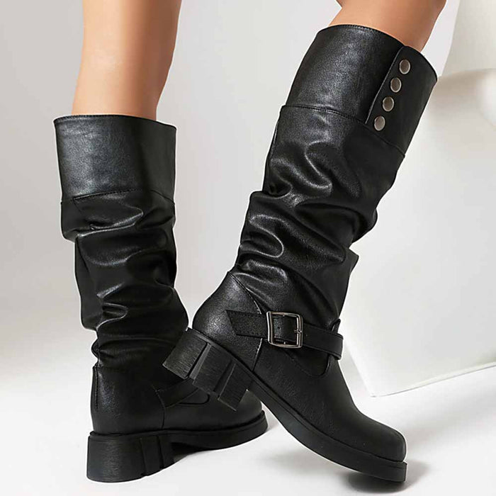 SD-HK women's high platform knight boots with stylish buckle and slouchy design in black