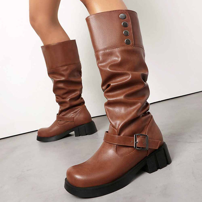 Brown women's high platform knight boots with a slouchy design and buckle detail