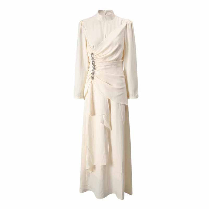 Women’s Long Sleeve Formal Dress – Stand-Up Collar, Hand Beaded Detail