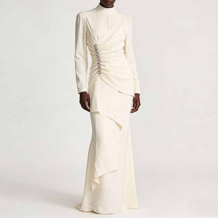 Women’s Long Sleeve Formal Dress – Stand-Up Collar, Hand Beaded Detail