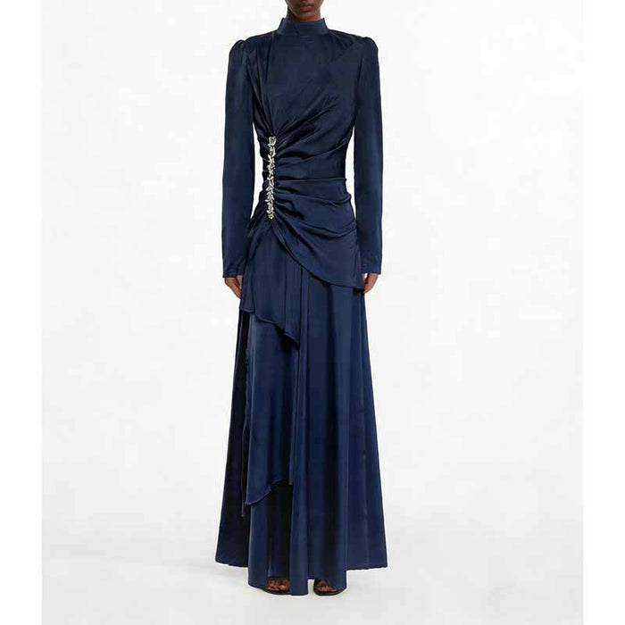 Women’s Long Sleeve Formal Dress – Stand-Up Collar, Hand Beaded Detail