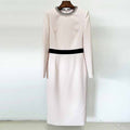 Women's Long Sleeve Pink Midi Dress Bead Detail Elegant Round-Neck Dress
