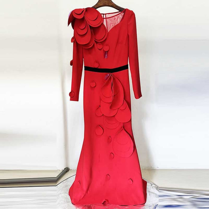 Womens Long Sleeves Gown Flower Detail Long Formal Dresses