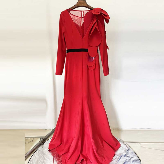 Womens Long Sleeves Gown Flower Detail Long Formal Dresses