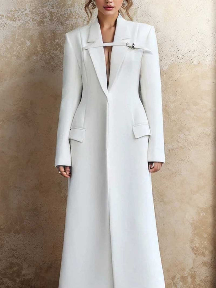 Elegant white women's maxi blazer coat with tailored fit and unique closure detail