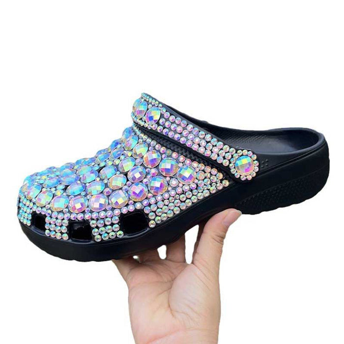 Womens Multicolor Closed Toe Clog Shoes Rhinestone Beads Slip-On Mules
