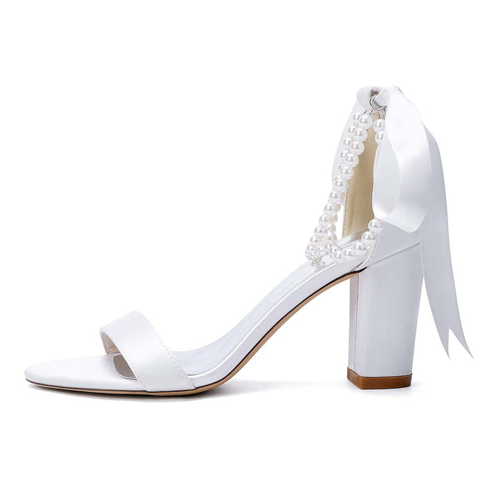 Women's Pearl - Detail Satin Chunky Heel Peep - Toe Sandals with Ribbon Tie | Wedding Bridal Shoes