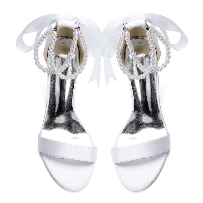 Women's Pearl - Detail Satin Chunky Heel Peep - Toe Sandals with Ribbon Tie | Wedding Bridal Shoes