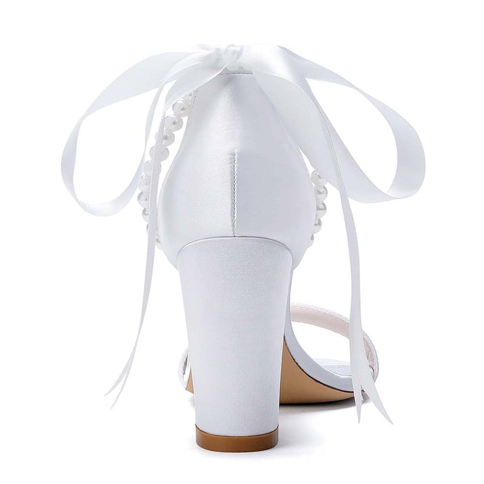 Women's Pearl - Detail Satin Chunky Heel Peep - Toe Sandals with Ribbon Tie | Wedding Bridal Shoes