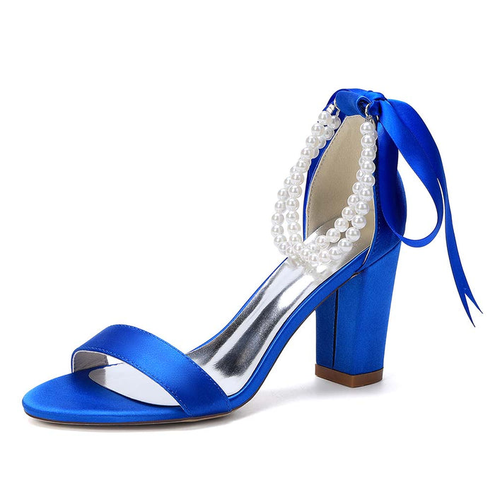 Women's Pearl - Detail Satin Chunky Heel Peep - Toe Sandals with Ribbon Tie | Wedding Bridal Shoes
