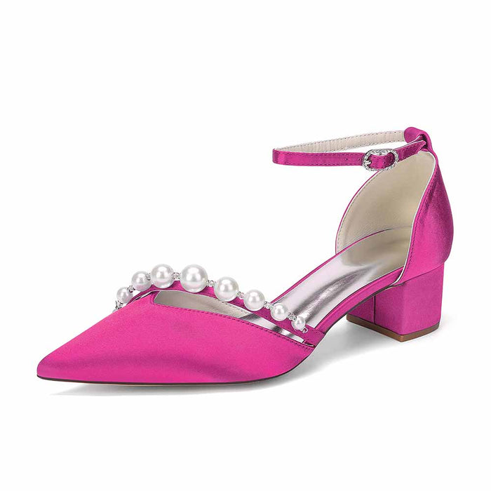 Women's Pearl Detail Ankle Strap Block Heel Pumps