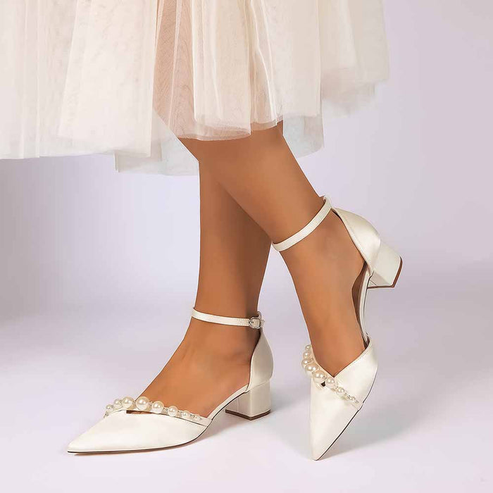 Women's Pearl Detail Ankle Strap Block Heel Pumps