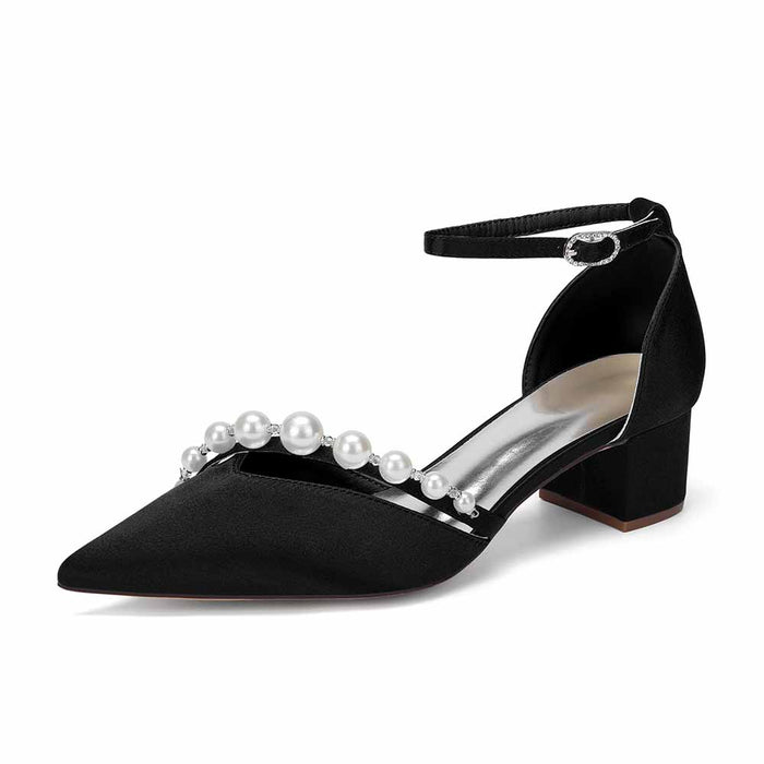 Women's Pearl Detail Ankle Strap Block Heel Pumps