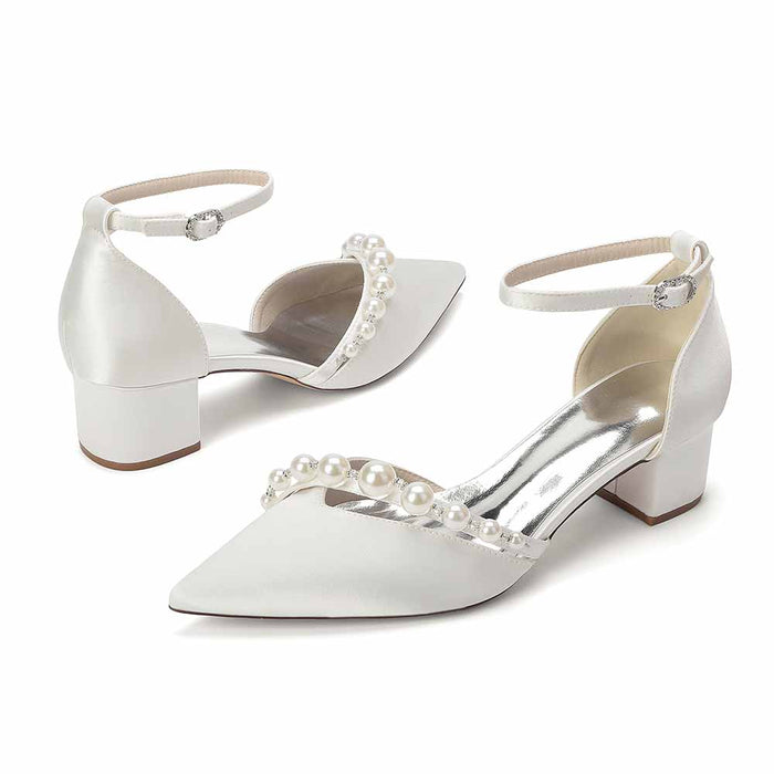 Women's Pearl Detail Ankle Strap Block Heel Pumps