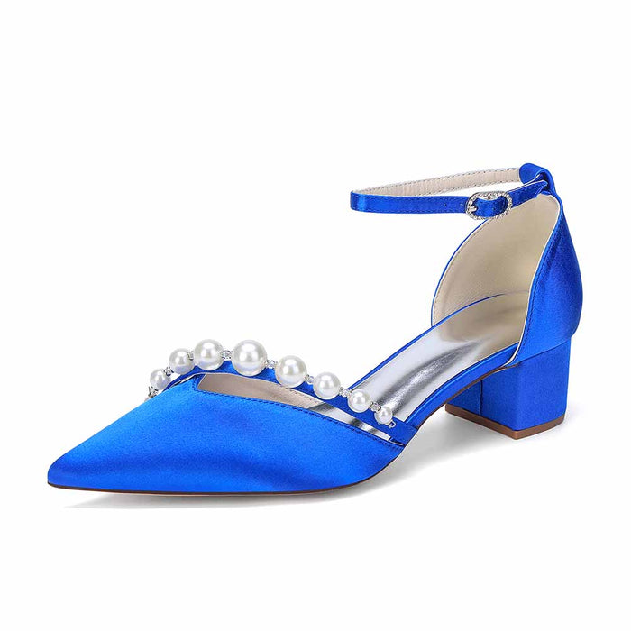 Women's Pearl Detail Ankle Strap Block Heel Pumps
