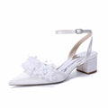 Women's Pearl Embellished Ankle Strap Block Heel Pumps | Satin-Like Bridal/Evening Shoes