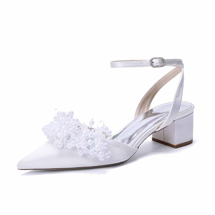 Women's Pearl Embellished Ankle Strap Block Heel Pumps | Satin-Like Bridal/Evening Shoes