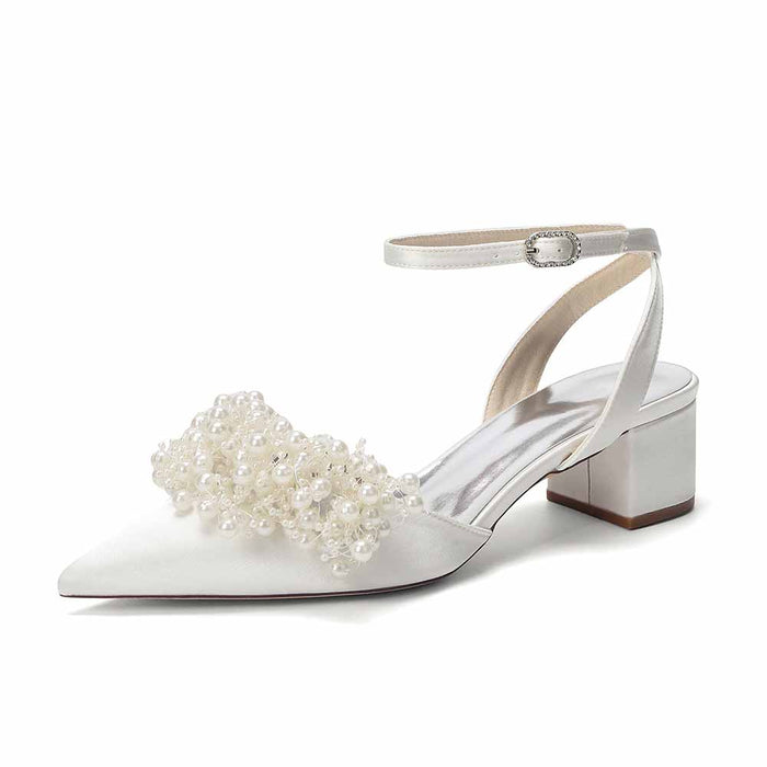 Women's Pearl Embellished Ankle Strap Block Heel Pumps | Satin-Like Bridal/Evening Shoes