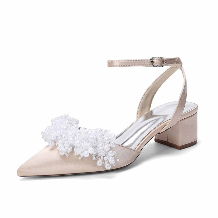 Women's Pearl Embellished Ankle Strap Block Heel Pumps | Satin-Like Bridal/Evening Shoes