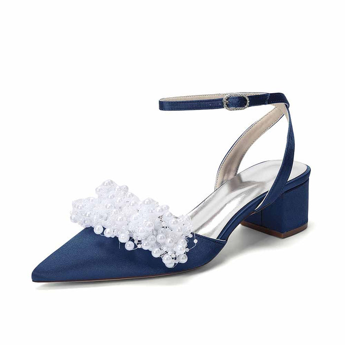 Women's Pearl Embellished Ankle Strap Block Heel Pumps | Satin-Like Bridal/Evening Shoes