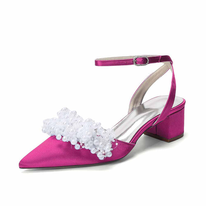 Women's Pearl Embellished Ankle Strap Block Heel Pumps | Satin-Like Bridal/Evening Shoes