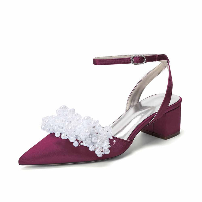 Women's Pearl Embellished Ankle Strap Block Heel Pumps | Satin-Like Bridal/Evening Shoes