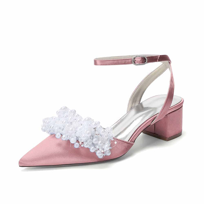 Women's Pearl Embellished Ankle Strap Block Heel Pumps | Satin-Like Bridal/Evening Shoes