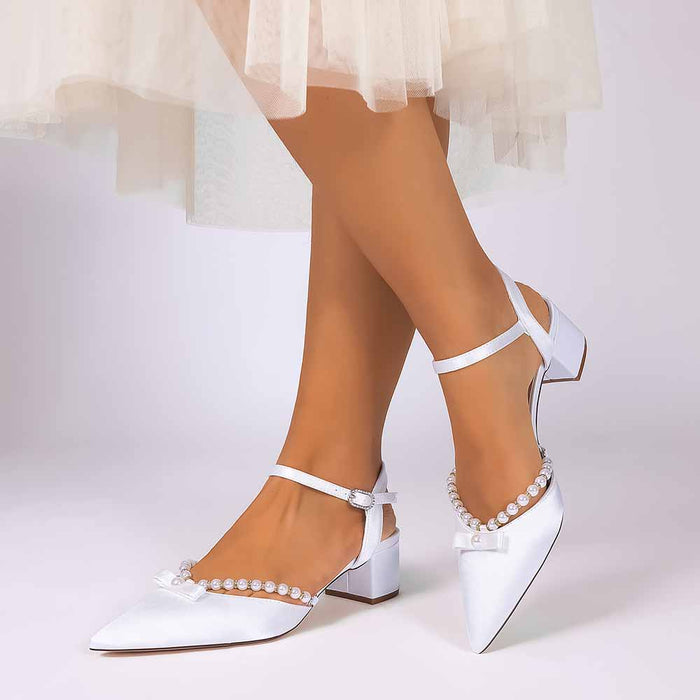 Women's Pearl Embellished Mid Heel Sandals Wedding Party Shoes