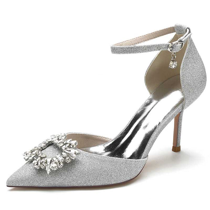 Women's Pointed Toe Rhinestone Pumps Glitter Ankle Strap Wedding Dress Shoes