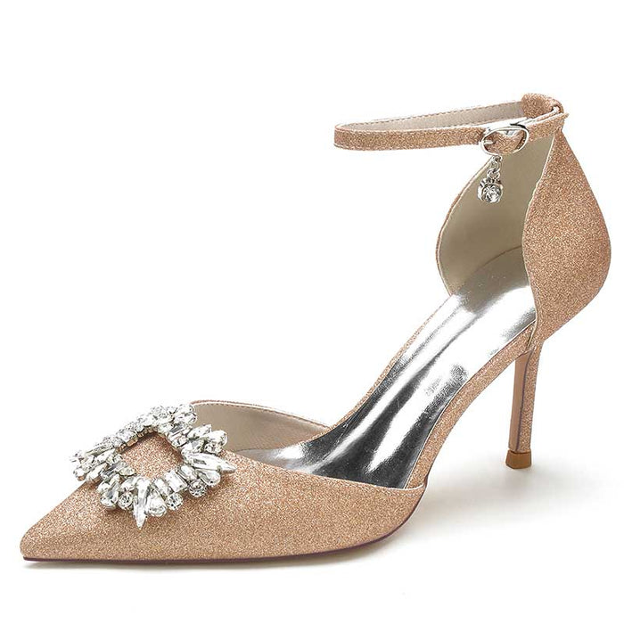 Women's Pointed Toe Rhinestone Pumps Glitter Ankle Strap Wedding Dress Shoes