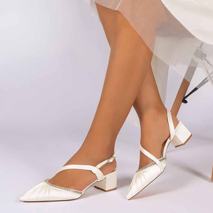 Women's Rhinestone Pointed Toe Chunky Heel Dress Shoes - Multiple Colors Satin Backless Pumps for Wedding/Party/Formal Events