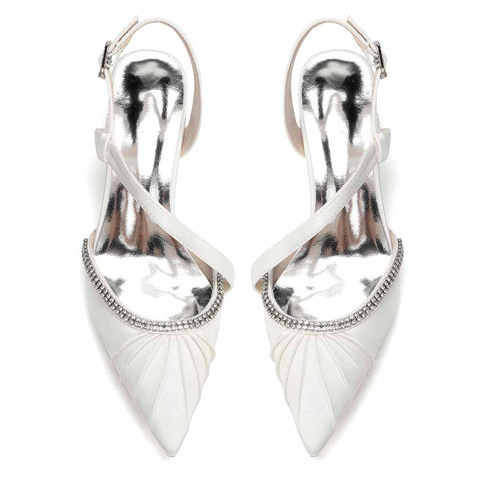 Women's Rhinestone Pointed Toe Chunky Heel Dress Shoes - Multiple Colors Satin Backless Pumps for Wedding/Party/Formal Events