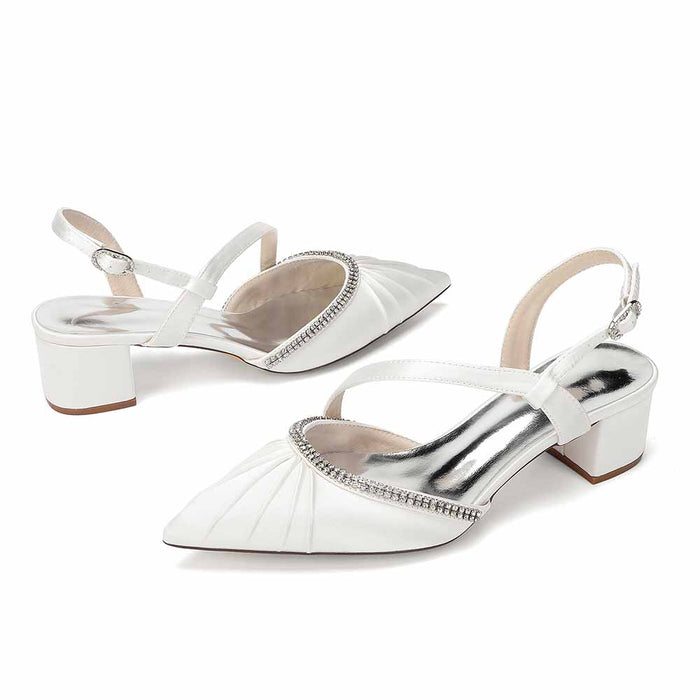 Women's Rhinestone Pointed Toe Chunky Heel Dress Shoes - Multiple Colors Satin Backless Pumps for Wedding/Party/Formal Events