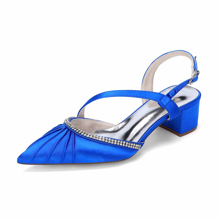 Women's Rhinestone Pointed Toe Chunky Heel Dress Shoes - Multiple Colors Satin Backless Pumps for Wedding/Party/Formal Events
