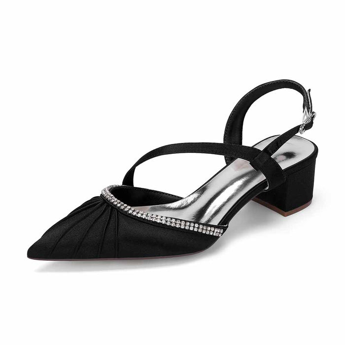 Women's Rhinestone Pointed Toe Chunky Heel Dress Shoes - Multiple Colors Satin Backless Pumps for Wedding/Party/Formal Events