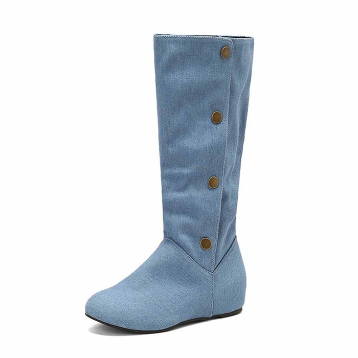 Women's round toe wedge boots in blue denim with stylish button details along the side