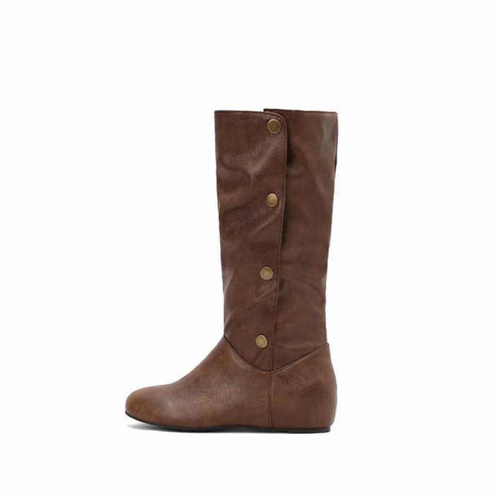 Women's round toe wedge boots in brown with stylish button accents along the side